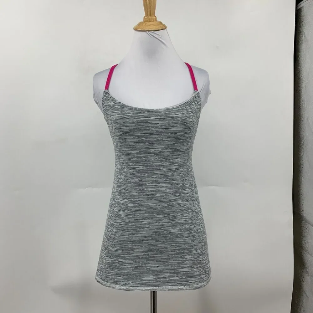 Lululemon Dancing Warrior Tank Top Womens 6 Gray Pink Strappy Shelf Bra Athletic